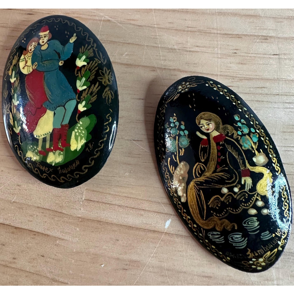 Vintage Russian Hand Painted Wooden Brooches Signed